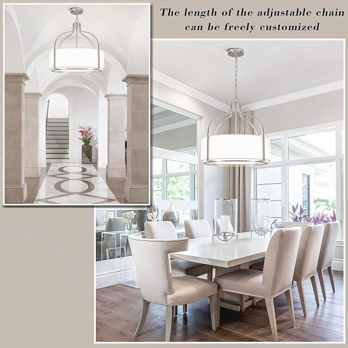 20.5'' Brushed Nickel Drum Chandelier, 5-Light Large Modern Chandeliers for Dining Room Hanging Light Fixture Drum Pendant Light with White Fabric Shade for Kitchen Living Room Foyer Bedroom