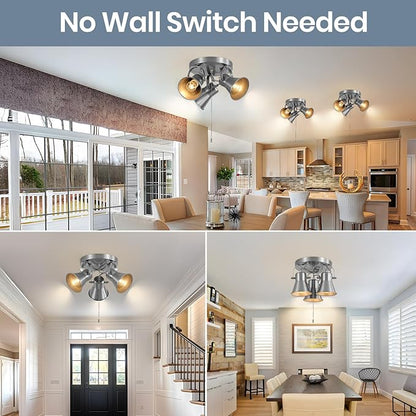 3-Light Ceiling Lights with Pull Chain, Adjustable Round Kitchen Ceiling Light, Morden Nickel Flush Mount Directional Track Light for Kitchen, Hallway, Dining Room, Bathroom, Coffee Bar