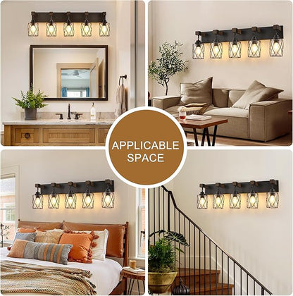 Farmhouse Bathroom Light Fixtures, 5 Light Bathroom Vanity Light with Metal and Glass Lampshade, Wood Rustic Lighting Fixtures Over Mirror, Black Wall Sconces for Living Room, Bedroom