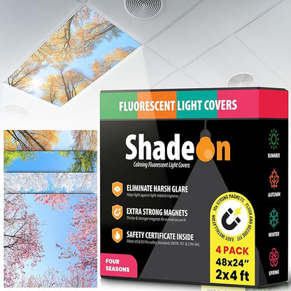 ShadeOn Fluorescent Light Covers for Ceiling Lights Classroom (4-Pack) - 2x4 ft Magnetic Office Light Covers for Fluorescent Lights, Summer, Autumn, Winter, Spring - Four Seasons