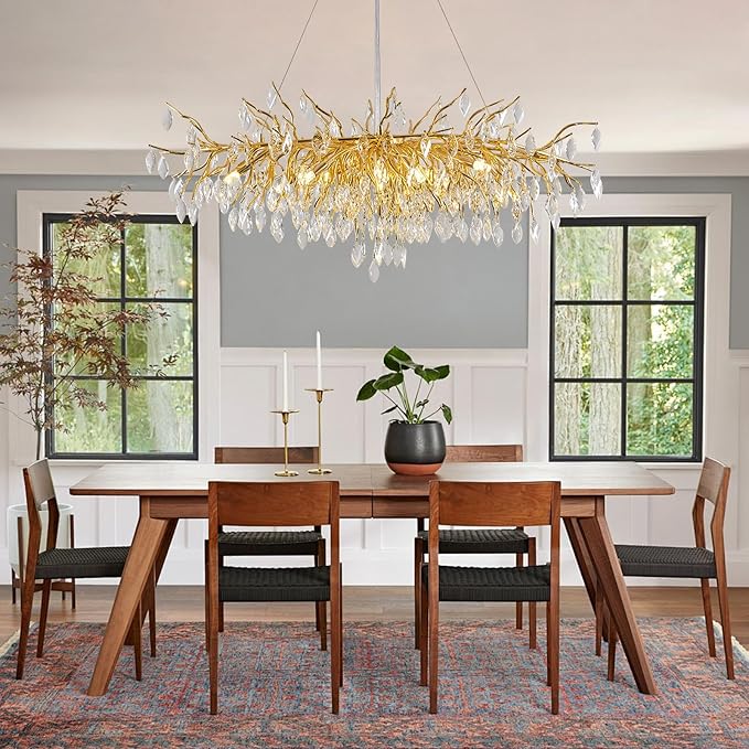 Crystal Chandeliers for Dining Room, L47.2 Gold Tree Branch Rectangular Chandelier, Dining Room Light Fixture 13-Light High Ceiling Lights, Modern Chandeliers for Foyer, Living Room