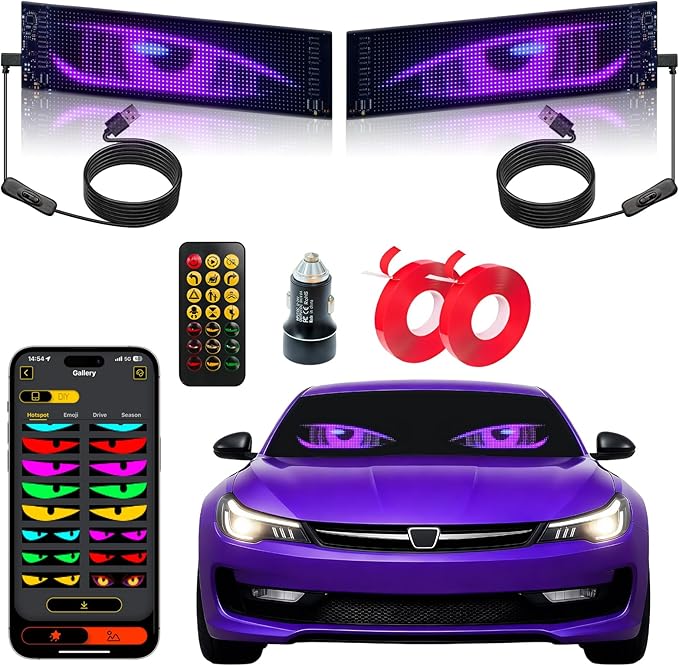 2PCS LED Eyes for Car Windshield, 13.7"x4" Devil Eyes Light for Cars, Programmable Soft Screen LED Sign with APP Control and Remote Controller