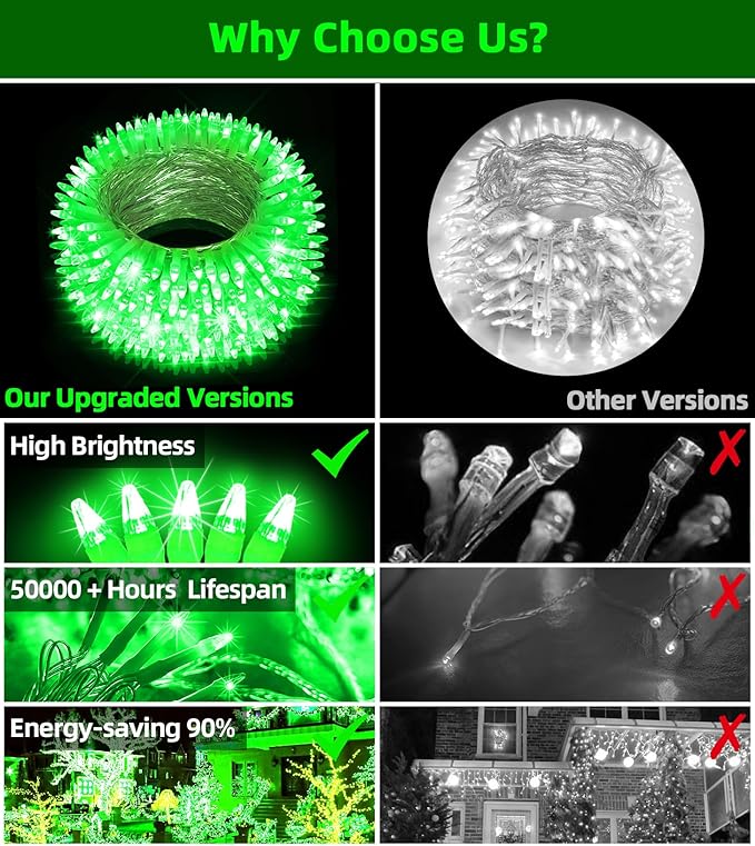 QUHUATU 1500 LED Chrstmas Lights, 470ft Outdoor Christmas String Lights with 12 Modes, Green LED String Lights with Timer Dimmable Waterproof for Tree Fence Garden Xmas Wedding Party Decor Green