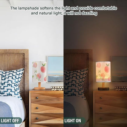 Bedside Table Lamp Peach Watercolor Fruit Leaves Pink Nightstand Lamp with Wood Desk Lamps for Bedroom Living Room Nursery Office Home Decor