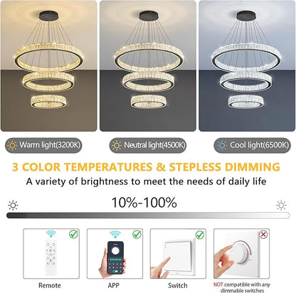 Modern Crystal Chandelier 55W Dimmable LED Chandeliers with Remote Luxury Height Adjustable Pendant Lighting for Living Room Dining Room Black