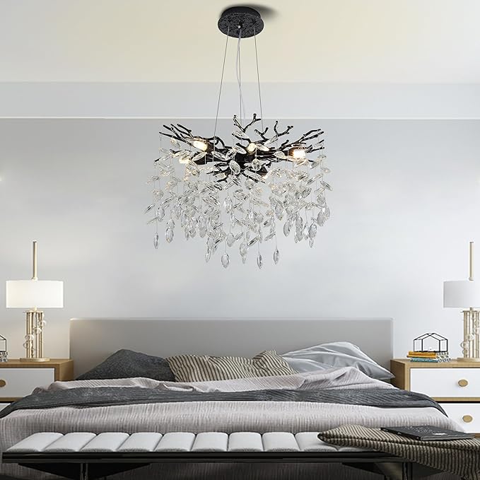 Modern Crystal Tree Branches Chandelier, 18in Black 6 Lights Large Ceiling Hanging Light for Dining Room, Round Raindrop Pendant Light Fixture