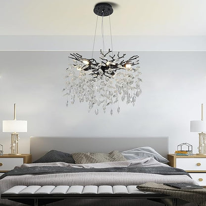 Modern Crystal Tree Branches Chandelier, 18in Black 6 Lights Large Ceiling Hanging Light for Dining Room, Round Raindrop Pendant Light Fixture