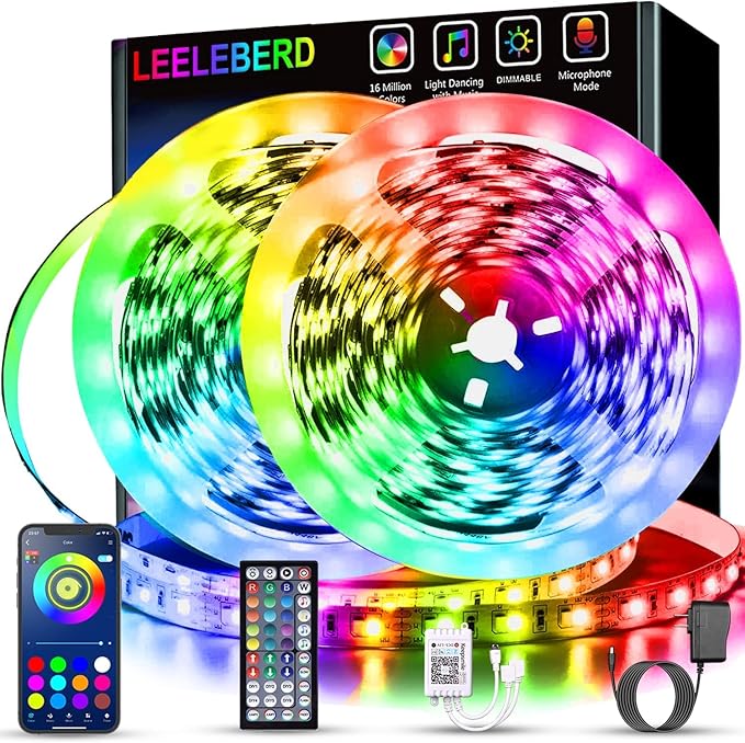 Leeleberd 80ft Led Strip Lights (2 Rolls of 40ft) Bluetooth Smart App Music Sync RGB Color Changing Led Light Strip with Remote and Power Adapter,Led Lights for Bedroom Room Home Decor Party Festival