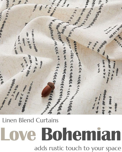 jinchan Boho Kitchen Curtains Linen Cafe Tier Curtains 45 Inch Bohemian Geometric Striped Mudcloth Small Window Drapes for Living Room Bathroom Cabinet Light Filtering Back Tab 2 Panels Black on Flax
