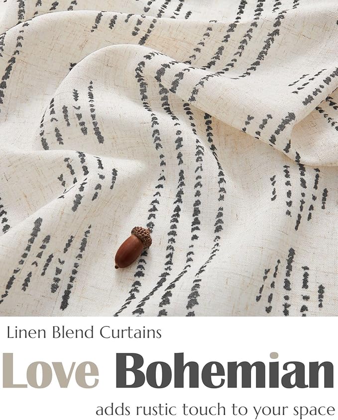 jinchan Boho Kitchen Curtains Linen Cafe Tier Curtains 24 Inch Bohemian Geometric Striped Mudcloth Small Window Drapes for Living Room Bathroom Cabinet Light Filtering Back Tab 2 Panels Black on Flax