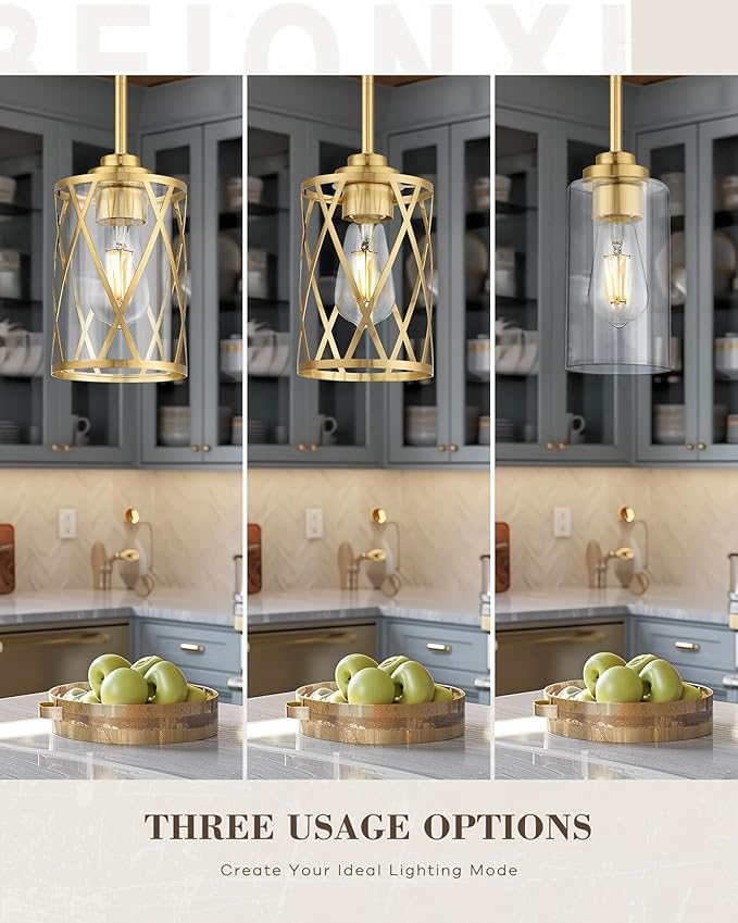 Beionxii 2 Pack Brushed Gold Pendant Lights Kitchen Island, Modern Kitchen Pendant Lighting Over Island, Farmhouse Industrial Cage Hanging Lighting with Clear Glass for Sink,Dining Room, BX-PL07BG-2PK
