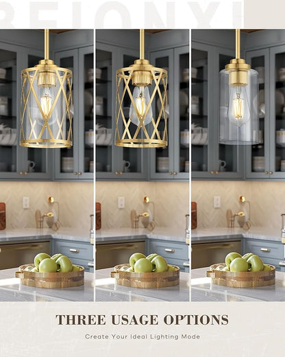 Beionxii 2 Pack Brushed Gold Pendant Lights Kitchen Island, Modern Kitchen Pendant Lighting Over Island, Farmhouse Industrial Cage Hanging Lighting with Clear Glass for Sink,Dining Room, BX-PL07BG-2PK