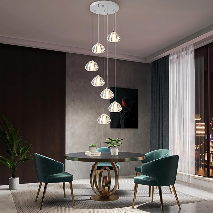 Modern Crystal Foyer Chandelier 7-Lights Raindrop Pendant Light Fixture, Bubble LED Flush Mount Staircase Living Room Light Fixture Chrome