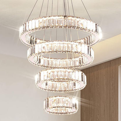 Modern Crystal Chandeliers 4 Ring LED Crystal Pendant Light DIY Adjustable High Chandelier for Dining Room Living Room Bedroom 3 Color Changeable