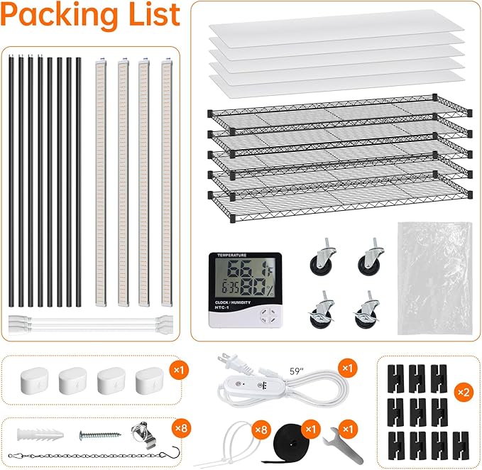 Bstrip Indoor Greenhouse with Grow Light, 5-Tier 47.2"x17.8"x71" Metal Plant Cabinet with Timer & Cover, 4 x 36W Full Spectrum LED Grow Light (3 Color Modes), Seed Starting Trays for Indoor Gardening