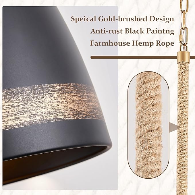 Farmhouse Pendant Light Black 10in Hemp Rope Boho Kitchen Island Lighting French Country Ceiling Pendant Light for Kitchen Sink Dining Room Entry Hallway