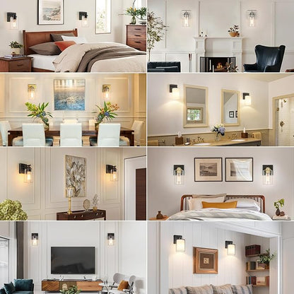 Set of 2 Wall Sconces for Bathroom, Modern Vanity Light Fixtures, Matte Black Wall Mount Lighting Lanterns, Farmhouse Wall Lights with Double Clear Glass Shade for Bedroom Living Room Mirror Hallway