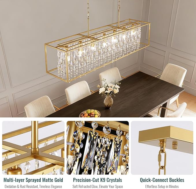 Siljoy Modern Crystal Chandelier, 7 Lights Rectangular Gold K9 Crystal Raindrop Chandelier, Luxury Rectangle Chandelier Light Fixture for Dining Room Living Room Kitchen Island L47'' x W11'' x H12''