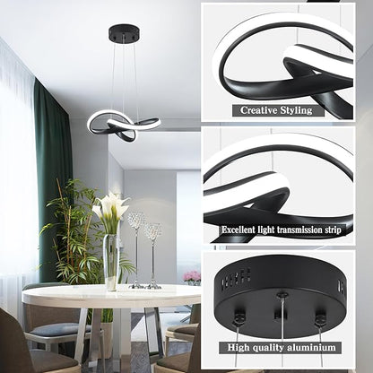 LED Chandelier Modern Pendant Light Fixture Simple Irregular Streamline Ring Light Black with 4500K and 59in Height Adjustable Hanging Lamp for Kitchen Island Hallway Foyer Closet Corridor