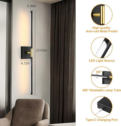 Morauroral Battery Operated Wall Sconces Set of 2, Dimmable 3 Color Battery Wall Sconce with Remote, Black Gold LED Rechargeable Sconces, 24 Inch Modern Wireless Wall Lights for Bedroom, Living Room