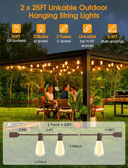 Larkvue 50FT(2x25FT) Outdoor String Lights, Patio Lights with 20+2 LED Dimmable Waterproof ST38 Vintage Shatterproof Bulb for Bistro Cafe Fence, Brown