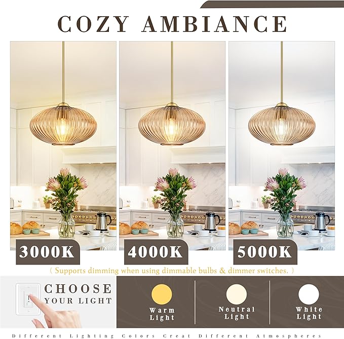 10" Amber Glass Modern Pendant Light Kitchen Island Brushed Gold Mid Century Modern Pendant Lighting with Clear Amber Glass Hanging Pendant Light for Dining Room（Bulb Incl.）