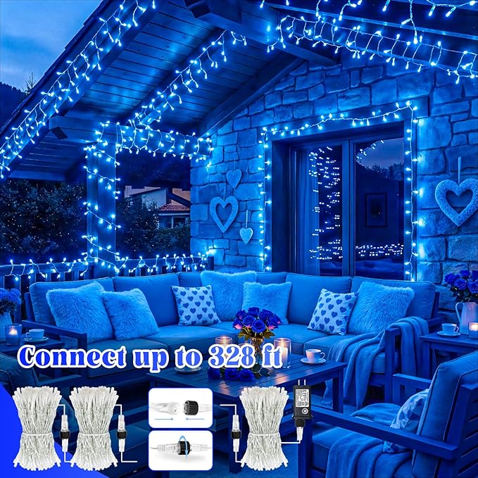 66FT 200 LED Outdoor String Lights, Plug in Christmas Lights Indoor Waterproof, 8 Modes Connectable Twinkle Fairy Lights Clear Wire for Home Garden Patio Wedding Party Decorations, Blue