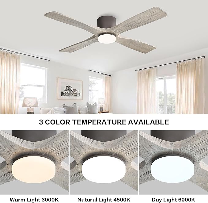 WINGBO 54 Inch Flush Mount DC Ceiling Fan with Lights and Remote, 4 Reversible Carved Wood Blades, 6-Speed Noiseless DC Motor, Hugger Ceiling Fans in Graphite Finish with Barn Wood Blades