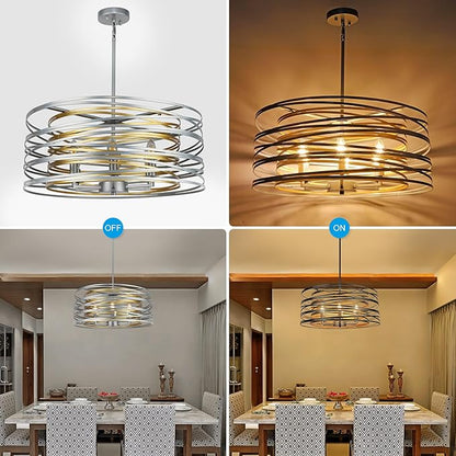 ACNKTZ 23.6'' Large Vintage Round Chandelier, 6-Light Modern Farmhouse Lantern Chandelier, Antique Double Drum Chandelier for Dining Room Entryway Kitchen Island Foyer, Silver with Gold Interior