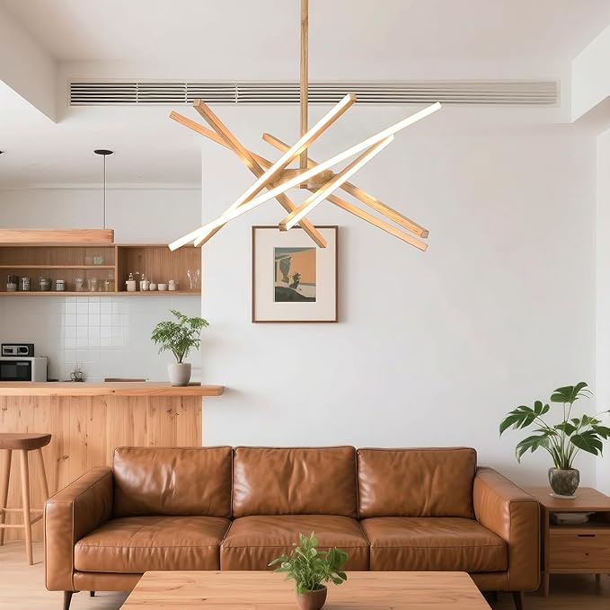 Modern Wood Grain Chandeliers Ceiling LED Pendant Light Embedded Mount Chandeliers,LED 6-Lights Linear Pendant Light for Kitchen Island Dining Room Bedroom Living Room Entryway,L23.62"*0.59"/6