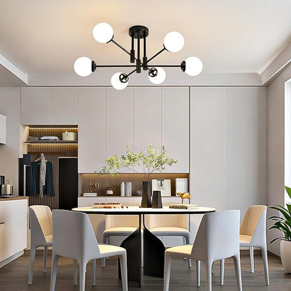 Biewalk Sputnik Ceiling Light Fixture 6 Light Sputnik Chandeliers, Black Chandelier Light Fixture with Milk White Glass Shade for Living Room Kitchen Bedroom Dining Room (E26 Bulb Excluded)