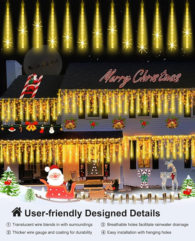 EAGWELL Outdoor Christmas Lights 16 Inch 20 Tubes Meteor Shower, Warm White Falling Rain Drop Icicle String Lights, Cascading Snow Effect Waterproof Xmas Decor for Tree Wedding Party Garden Holiday