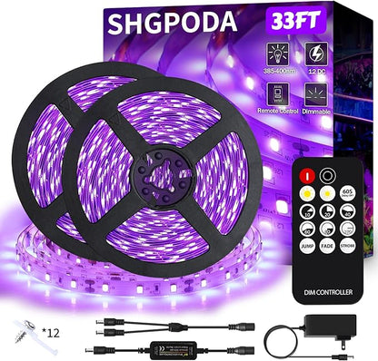 33 Foot Black Light Strip & Remote, 600 LEDs, Dimmable 12V Flexible Black Lights for Glow Party, Bedroom, Hallween, Fluorescent Tapestry Poster, 3 Light Modes, Non-Waterproof
