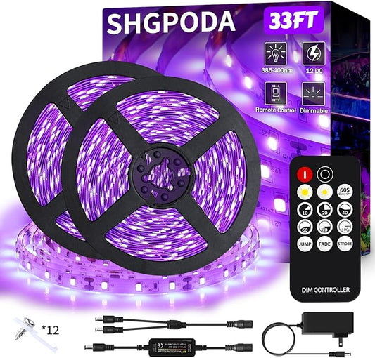 33 Foot Black Light Strip & Remote, 600 LEDs, Dimmable 12V Flexible Black Lights for Glow Party, Bedroom, Hallween, Fluorescent Tapestry Poster, 3 Light Modes, Non-Waterproof