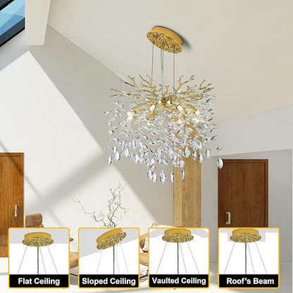 Modern Crystal Tree Branches Chandelier, 18in Gold 6 Lights Large Ceiling Hanging Light for Dining Room, Round Raindrop Pendant Light Fixture