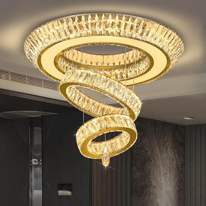 Led 32'' Gold Ring Chandelier,Modern Luxury Crystal Chandelier for Dining Living Room 3-Tier Raindrop Chandeliers Lighting LED 3000-6000K Infinity Dimmable