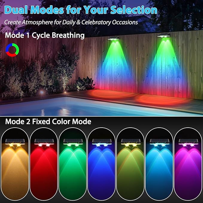 Solar Fence Lights Outdoor 8-Pack, Waterproof Solar Powered LED Fence Deck Light with Warm White & 6 RGB Colors & 2 Lighting Modes for Deck, Step, Stair, Fence, Outside, Patio, Garden, Backyard
