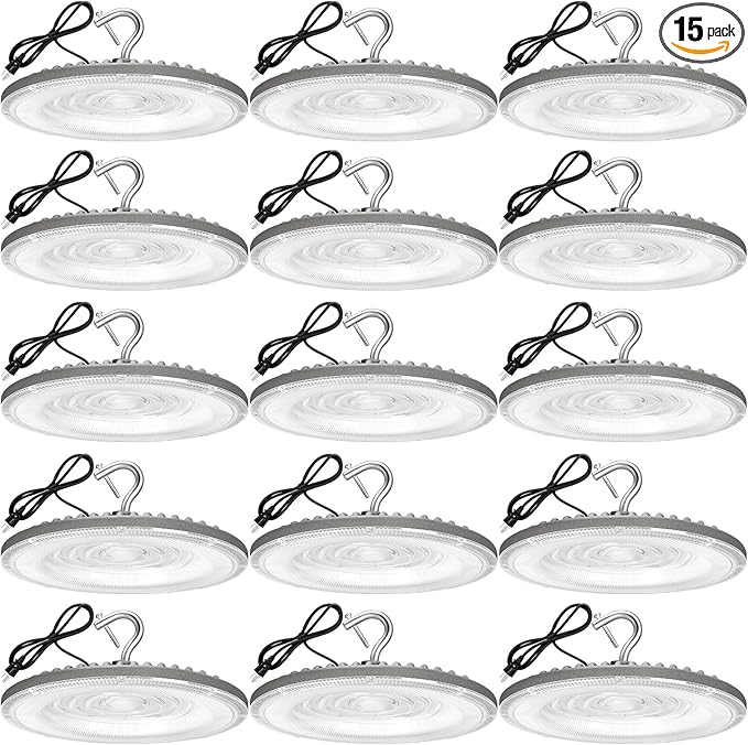 XYCN 15 Pack 100W UFO Led High Bay Light,IP66 Waterproof,120VAC,15050LM 5000K Daylight Area Lighting,450W MH/HPS with Plug Commercial Bay Lighting for Warehouse/Shop/Workshop/Barn/Gym/Factory