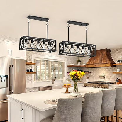 KEESFU Black Farmhouse Kitchen Island Lighting, 5 Lights Pendant Lighting Fixtures, Adjustable Height, Industrial Dining Room Light for Living Room Foyer Dining Table Over Sink.