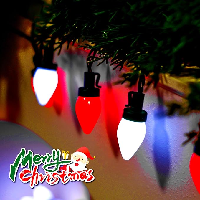 RECESKY C7 Bulbs Christmas String Lights with Remote - 50 LED 26ft Battery String Lights - Fairy Christmas Lighting for Garden Decor Bedroom Porch Xmas Ornament Christmas Decorations - Red White