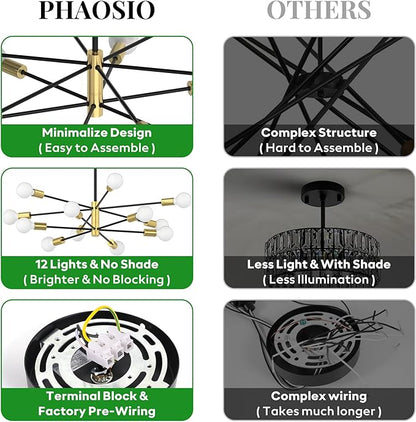 Sputnik Chandelier 12-Light, Mid Century Modern Height Adjustable Ceiling Light Fixture for Dining Room, Kitchen Island, Living Room,Bedroom-Black and Gold