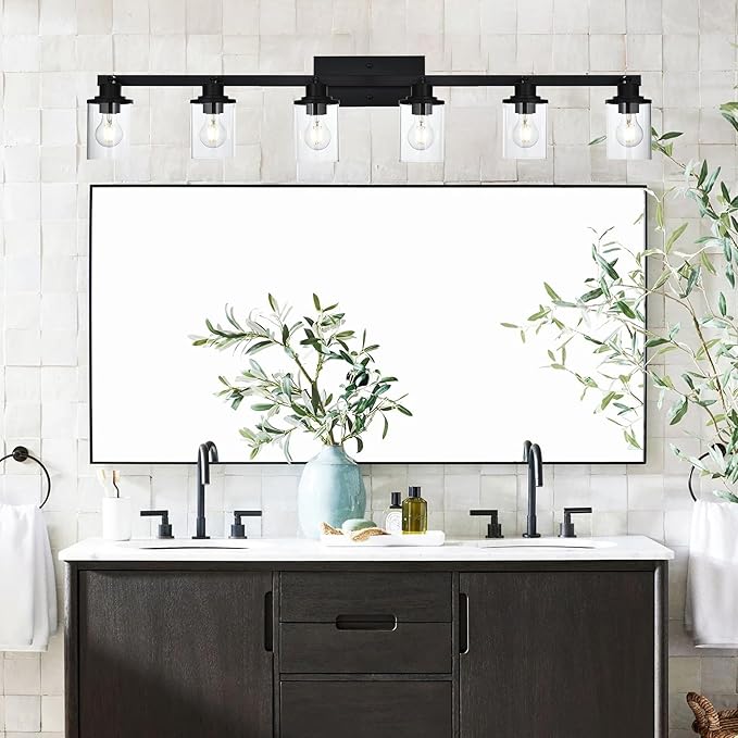 6-Light Track Lighting Kit Directional Bathoom Lights Over Mirror Industrial Black Kitchen Track Lighting Fixtures Ceiling with 6 Rotatable Light Heads, Clear Glass Shade