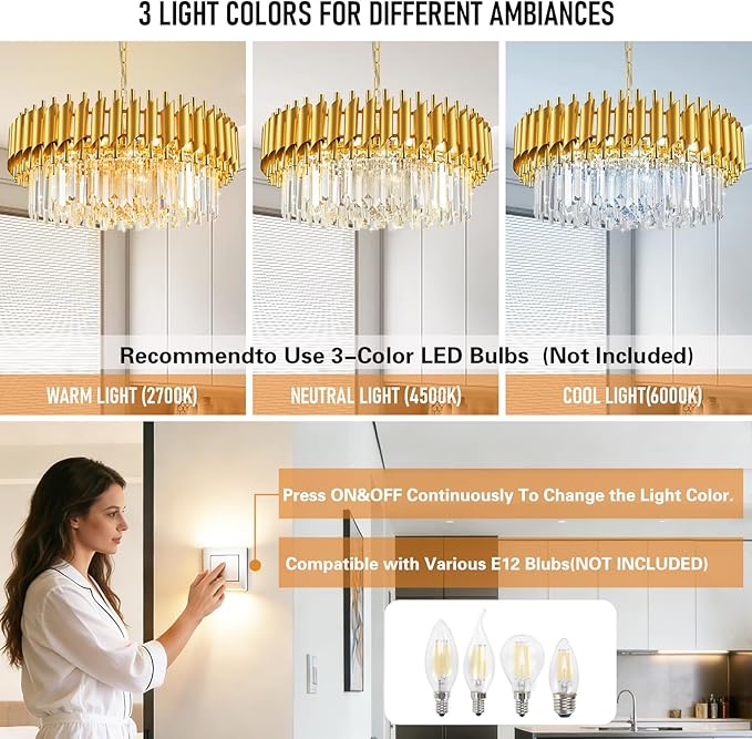 24" Gold Crystal Chandeliers for Dining Room Contemporary Round Ceiling Pendant Light Fixtures 5-Tier 8 Lights K9 Crystal Large Flush Mount Chandelier for Foyer Living Room Staircase