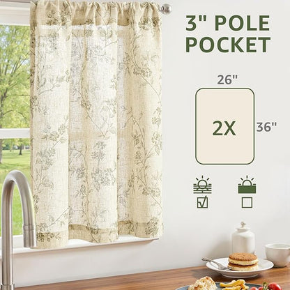 jinchan Floral Kitchen Curtains 36 Inch Linen Tier Curtains Farmhouse Cafe Half Window Drapes Over Sink Light Filtering for Living Room Laundry RV Rod Pocket 2 Panels Sage Green on Beige