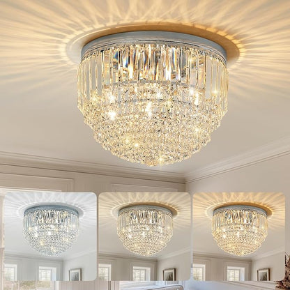 YMP&YZX 5-Lights Crystal Chandelier,15.7" Modern Ceiling Light Fixture Lamp,Flush Mount Round Metal Shade Chandelier E12 Base for Dining Room Living Room Bathroom Bedroom Chrome