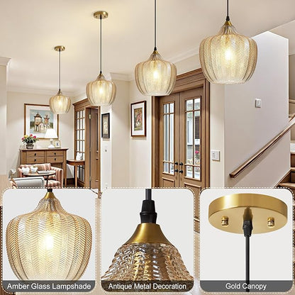 Modern Gold Pendant Light 2 Pack, Amber Glass Kitchen Island Pendant Light Fixture Adjustable Vintage Hanging Ceiling Light for Dining Room Corridor Bedroom 9.45 inch, UL Certification