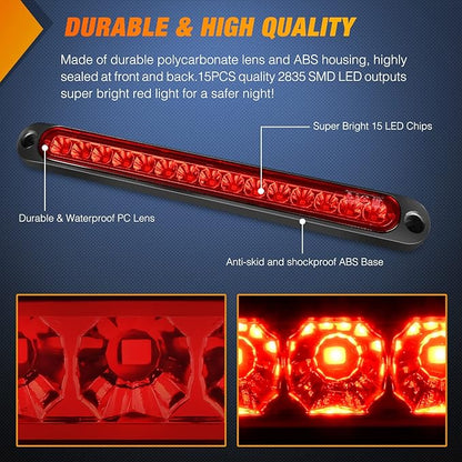 Nilight 2PCS 10Inch 15 LED Red Trailer Light Bar for Park Stop Turn Tail Brake Lights IP67 Waterproof Marker ID Clearance Strip for Truck Golf Cart Pickups Boats