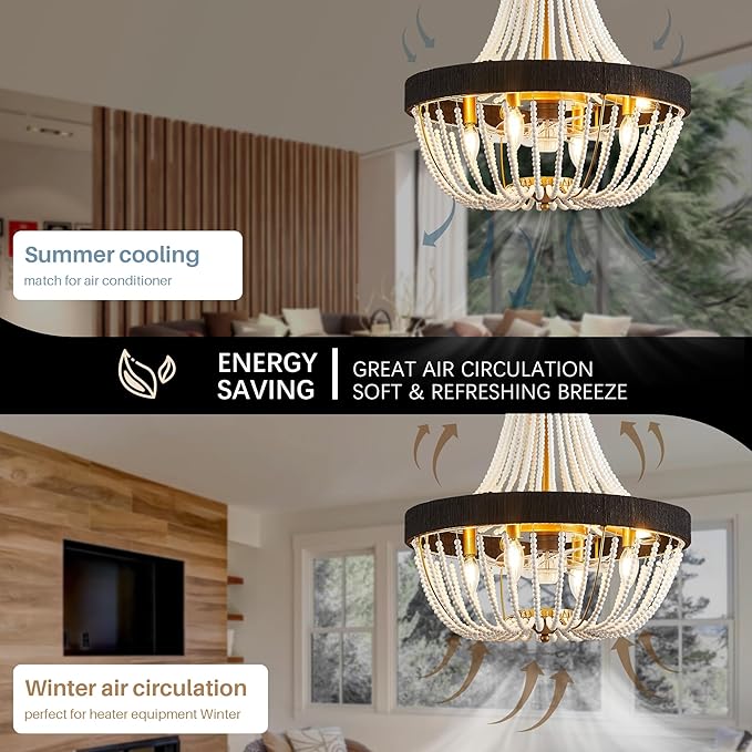 20 Inch Bohemian Empire Ceiling Fan Light 7 Blades, Remote APP Control, Adjustable Chain, Quiet Operation Ideal for Hallway, Living Room, Bedroom (Gold Metal+White Wood Bead, 20" Rustic Style)