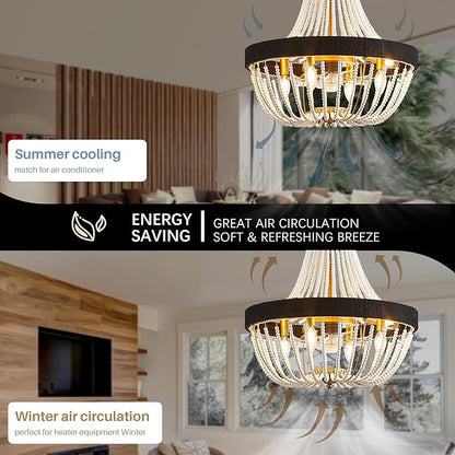 20 Inch Bohemian Empire Ceiling Fan Light 7 Blades, Remote APP Control, Adjustable Chain, Quiet Operation Ideal for Hallway, Living Room, Bedroom (Gold Metal+White Wood Bead, 20" Rustic Style)