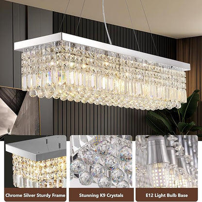 Modern Crystal Chandeliers for Dining Room Kitchen Island Light Fixture, 8-Light Rectangle Chandelier for Living Room, L39.4 Inch, Chrome Finish